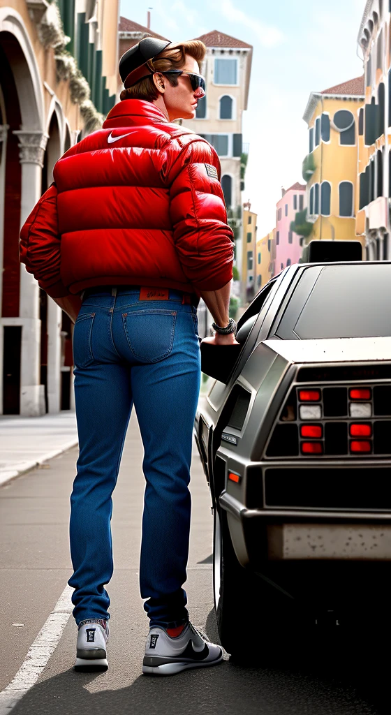 Full body muscular Marty Mcfly color drawning high-definition, using Nike Air MAG Back to the Future, holding a dumbbell, Perfect nose, wearing Aviator Style Sunglasses, using jeans pants, next to show silver Delorean car with perfect details from the movie " back to the future", Venice Beach city background, inside the neon circle, high definition.