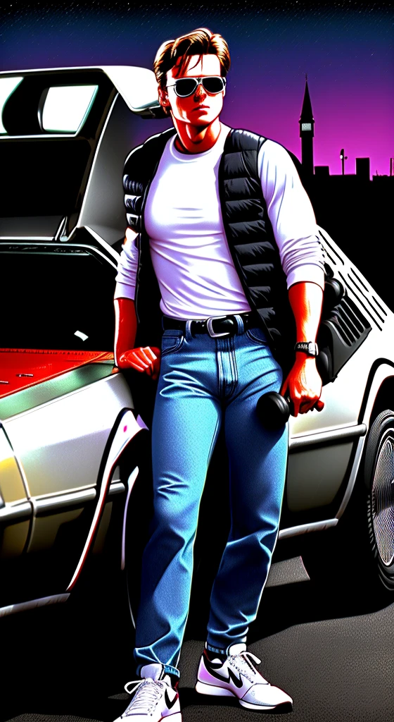 Full body muscular Marty Mcfly color drawning high-definition, using Nike Air MAG Back to the Future, holding a dumbbell, Perfect nose, wearing Aviator Style Sunglasses, using jeans pants, next to show silver Delorean car with perfect details from the movie " back to the future", Venice Beach city background, inside the neon circle, high definition.