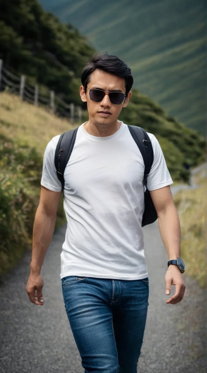 A man wearing white tshirt and blue jeans, wearing sunglasses and bag, wearing smartwatch in the left hand, greenland background, 4D realistic