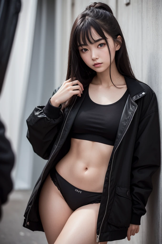 photograph of a 20 year old woman, face perfect, OGood de arte, Good, Underwear, blackw_Good, jaket, blackw_knickers