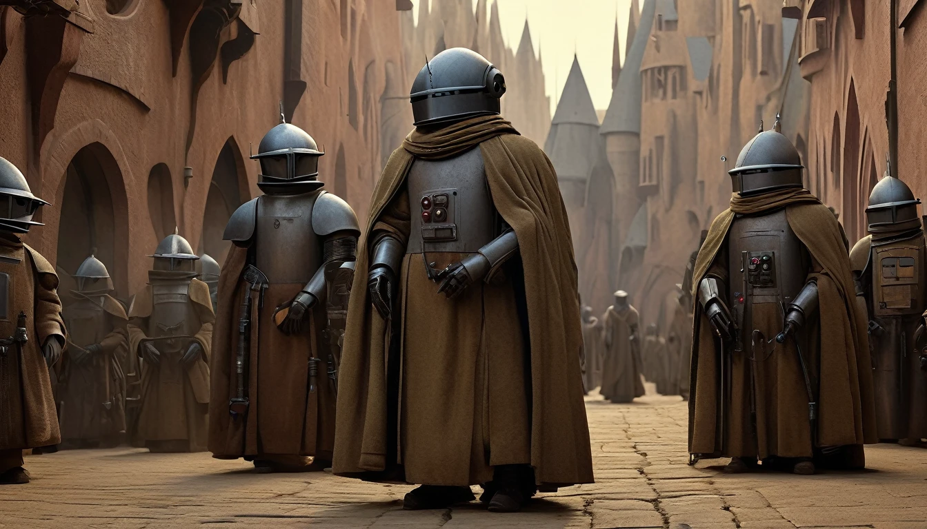 In portrait, characters inspired by the Start Wars universe by Ralph McQuarrie and Anton ov, Wayne Barlowe in a Middle Ages setting, as robots, exotic alien beings interacting with people, inspired by Hieronymus Bosch and Shaun Tan. Directed by George Lucas. ((cinematic film)), ultra detailed, intricate, sharp focus, object texture, Studio photo, detalhes intricates, highly detailed, in Real Photo style, hyper-realistic, High dynamic range, rich colors, Realistic textures, 8K uhd , high color depth, Nikon D 850 |, Porta Kodak 400, fujifilm XT |