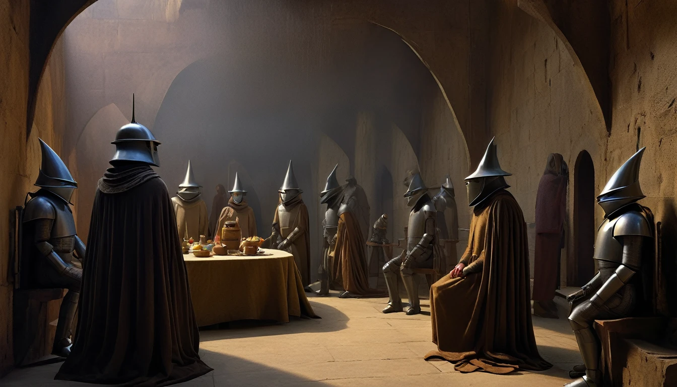 In portrait, characters inspired by the Start Wars universe by Ralph McQuarrie and Anton Semenov, Wayne Barlowe in a Middle Ages setting, as robots, exotic alien beings interacting with people, inspired by Hieronymus Bosch and Shaun Tan. Directed by George Lucas. ((cinematic film)), ultra detailed, intricate, sharp focus, object texture, Studio photo, detalhes intricates, highly detailed, in Real Photo style, hyper-realistic, High dynamic range, rich colors, Realistic textures, 8K uhd , high color depth, Nikon D 850 |, Porta Kodak 400, fujifilm XT |