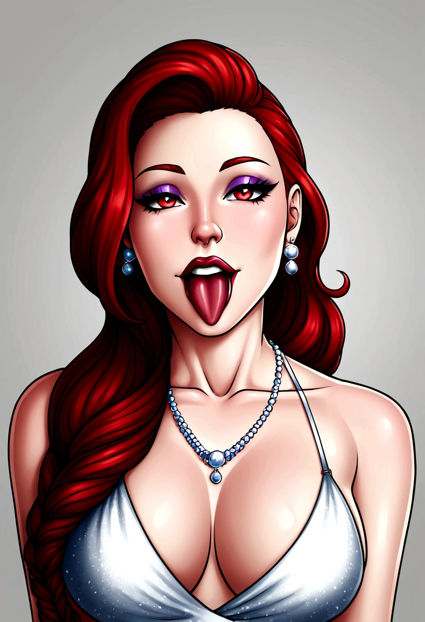 Girl sticking out her tongue, normal tongue, with an intense red color, white teeth, a profiled nose.