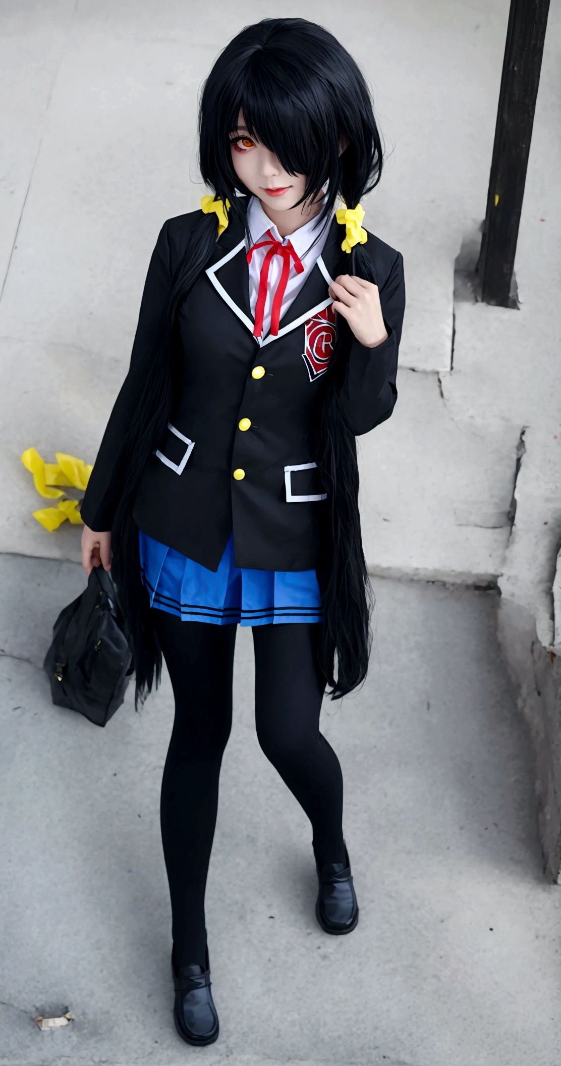 ultra-detailed,highly detailed,best quality,masterpiece,illustration,realistic, photo,photorealistic,
1girl, tokisaki kurumi,cosplay,hair over one eye, (right red eye, left yellow eye), looking at viewer, happy girl,low twintails,
, hotpants, hair rings, loafers,
Outdoors, walking, beach