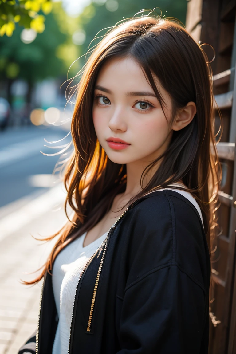 a photorealistic portrait of a 20 year old  girl with long, flowing blond hair, and striking brown eyes. she should have a natural, approachable expresssion and be illuminated by soft, golden-hour sunlight. The background should be a scenic outdoor setting, peraphs a sunlit park or beach. Capture this image with a high resolution photograph using a 85 mm lens for a flattering perspective 