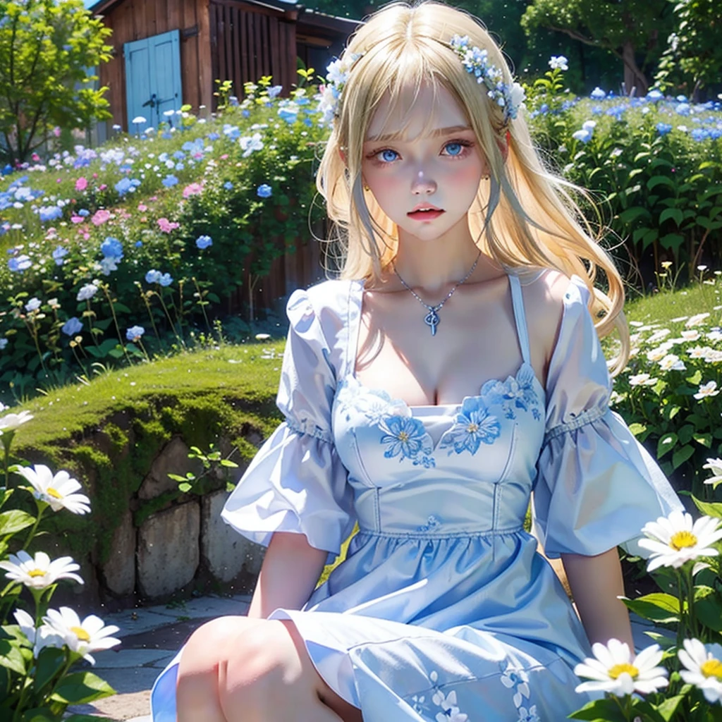 Russian girl blonde, years 23, Busty, Long neckline, short summer dress white with a pattern in the form of blue flowers, Against the background of the Russian village, summer