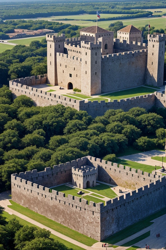 A great fortress with banners that say 144p and administration