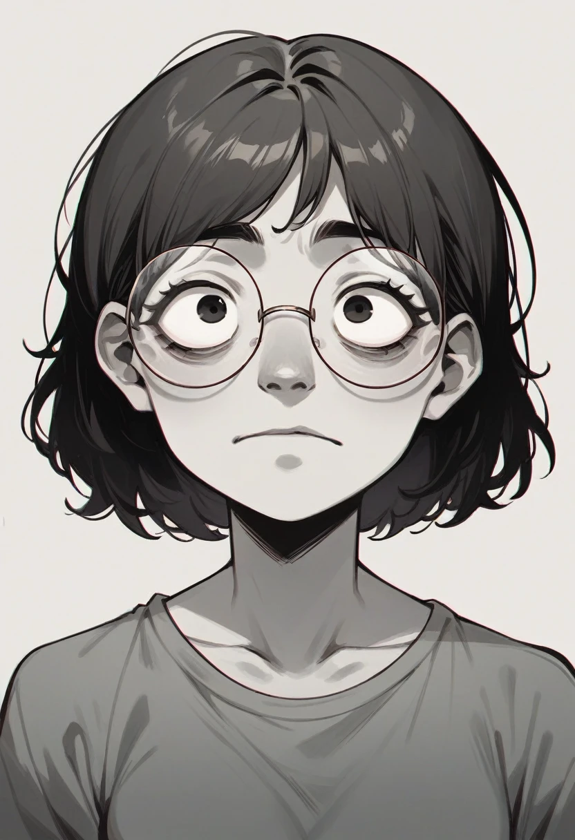 Short woman with shoulder-length hair and a mixture of gray, round but thin face, black round glasses for medium face, chin a little out in pixar 