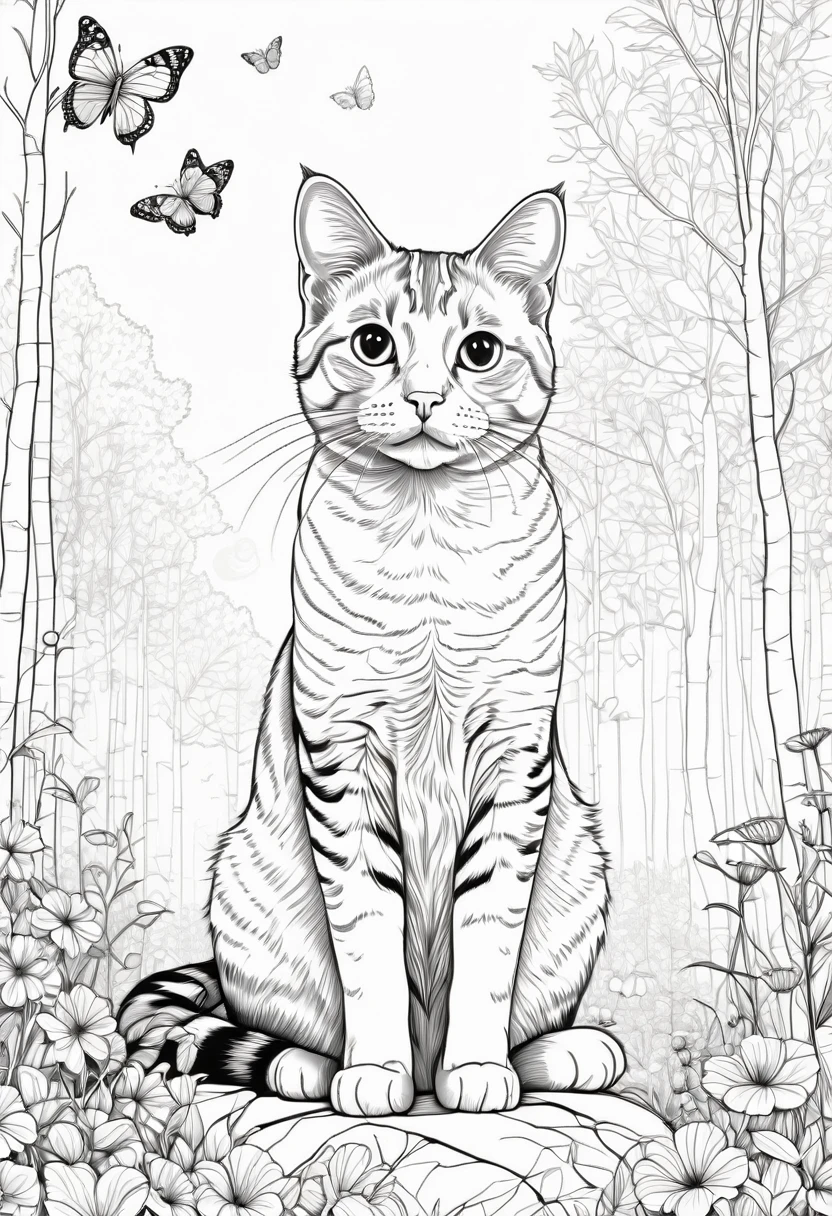 Black and white illustration of a cat drawn with simple and clear black lines on a white background, sitting and looking up with a friendly and curious expression. The cat is surrounded by nature, including trees, flowers and butterflies. Clear and detailed lines, suitable for colouring, hd quality