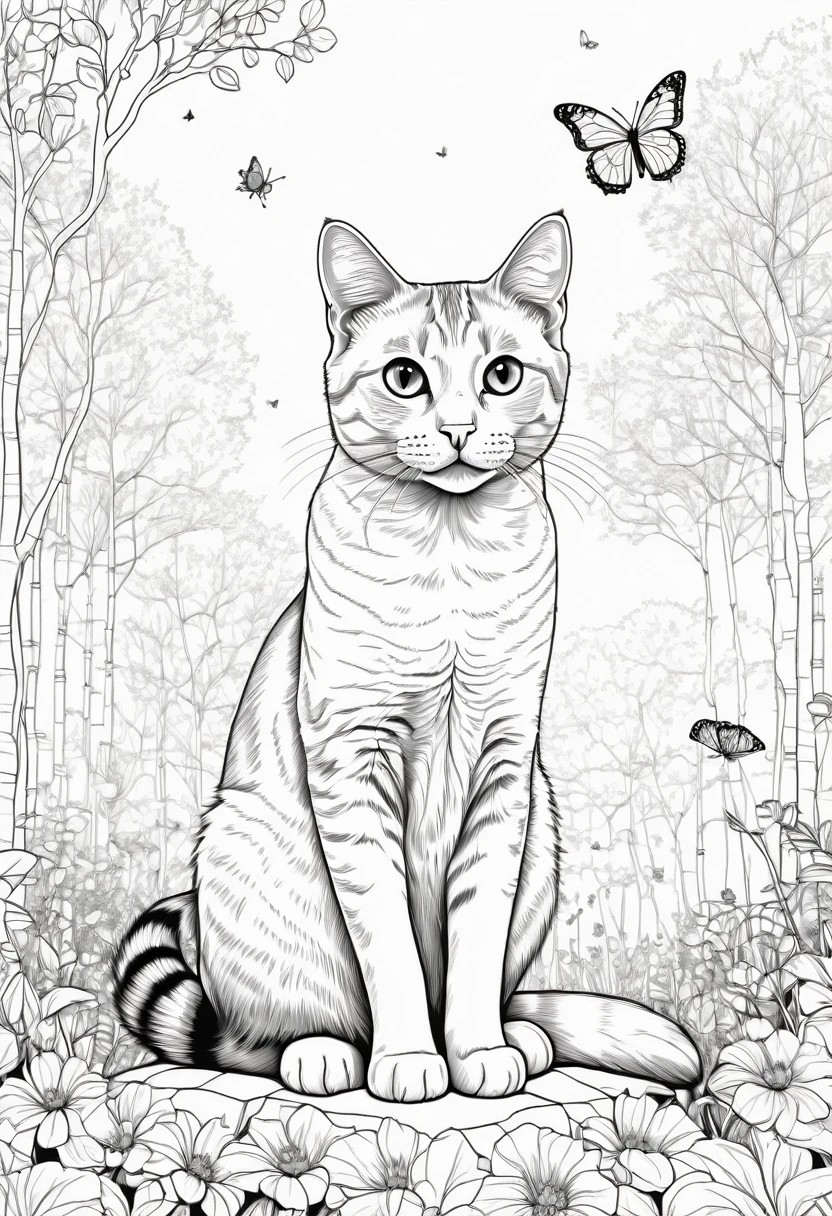 Black and white illustration of a cat drawn with simple and clear black lines on a white background, sitting and looking up with a friendly and curious expression. The cat is surrounded by nature, including trees, flowers and butterflies. Clear and detailed lines, suitable for colouring, hd quality