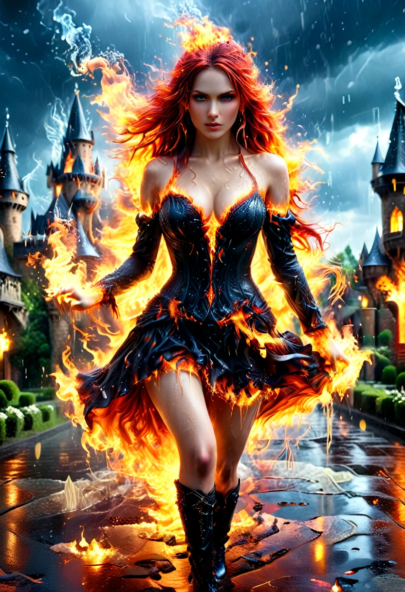a sorceress of fire making fire dance in a the (storm of rain: 1.3), a most exquisite beautiful sorceress, controlling fire manipulating fire, a woman, dynamic hair color, dynamic hair style, (most beautiful face: 1.3), (ultra detailed face: 1.2), wet hair, wet face, dynamic eyes color, full body shot, wearing dress made of fire, wearing intricate high heels, light make up, dancing in courtyard of a fantasy castle background, ((heavy rain drops: 1.1)), clouds in the sky, (anatomically correct: 1.4), (full body shot: 1.1) , vibrant, Ultra-high resolution, High Contrast, (masterpiece:1.5), highest quality, Best aesthetics), best details, best quality, highres, ultra wide angle, 16k, [ultra detailed], masterpiece, best quality, (extremely detailed), faize
