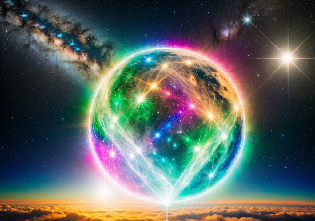 Luminous ethereal merkaba with warm light in the universe