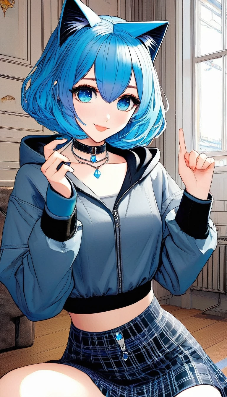 a girl in anime style wearing blue hair, holding a phone and pointing her finger at a cat, cat, 1girl, black shirt, grey skirt, jacket, virtual youtuber, selfie, jewelry, blue hair, shirt, hood, short hair, black cat, looking at viewer, solo, thighhighs, skirt, smile , ((masterpiece, best quality1.2)),((masterpiece1.2)), ((best quality1.2)), (ultra-detailed1.2),photorealism, highly detailed (art inspired in Bill Sienkiewicz). oil painting)
