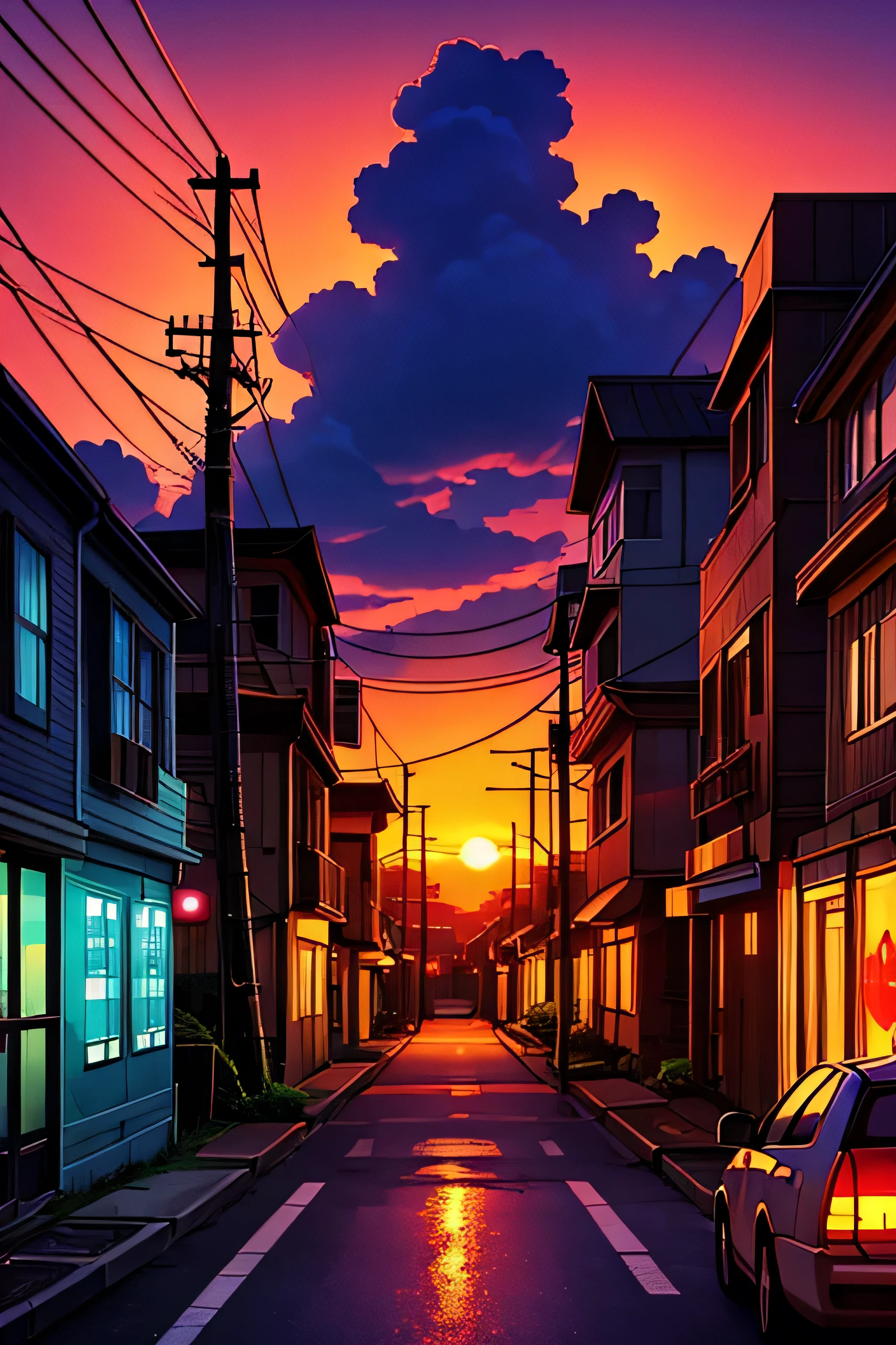 A beautiful sunset, a rundown neighborhood, streetlights with cables, a burning car, 2d, kawaii, glitch art style, an amusement park in the background, apocalyptic