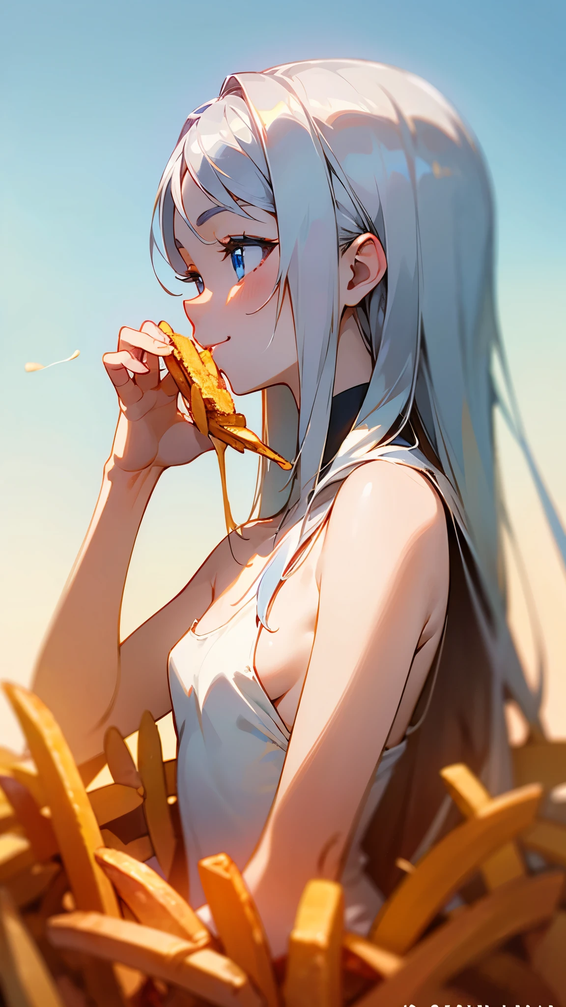 1 Girl、anime painting、Upper body close-up、profile、Natural Proportions、thin、Small breasts、smile、White skin、(long silver hair)、Beautiful blue eyes、Eating French Fries、Golden Hour Sky、Background blur、Written boundary depth