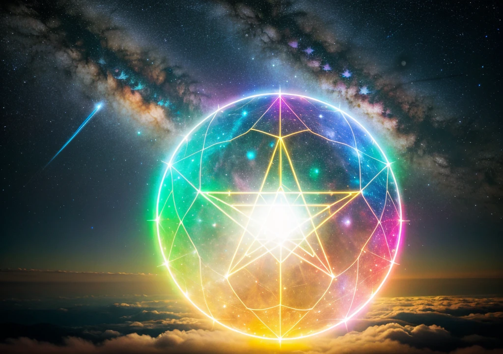 Luminous ethereal Hebrew merkaba with warm light in the universe