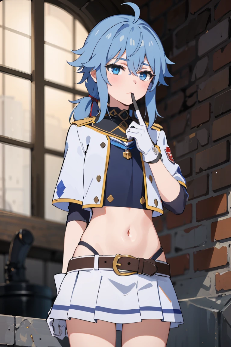 best quality, (masterpiece:1.2), detailed, middle Ages,
about=Rayford,
1 girl, alone, Keep your mouth shut,
short hair long hair, blue hair, ponytail, blue eyes, red belt, side lock, ahog,
Uniforms, sling, blue shawl, White shirt, blue collar, collar, mini skirt, white skirt, navel, Gloves,
Permanently installed, looking at the audience,hand in panties,spread their legs,white panties,
outdoor, castle