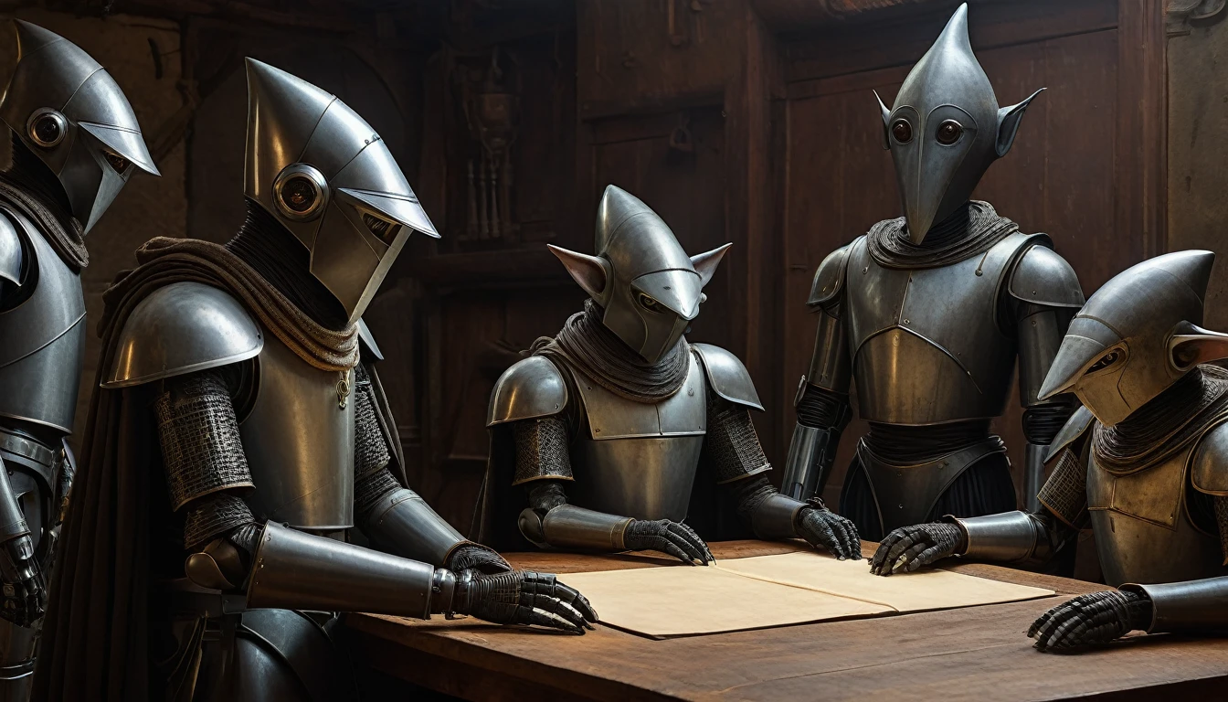 In portrait, characters inspired by the Start Wars universe by Ralph McQuarrie and Anton Semenov, Wayne Barlowe in a Middle Ages setting, as robots, exotic alien beings interacting with people, inspired by Hieronymus Bosch and Shaun Tan. Directed by George Lucas. ((cinematic film)), ultra detailed, intricate, sharp focus, object texture, Studio photo, detalhes intricates, highly detailed, in Real Photo style, hyper-realistic, High dynamic range, rich colors, Realistic textures, 8K uhd , high color depth, Nikon D 850 |, Porta Kodak 400, fujifilm XT |