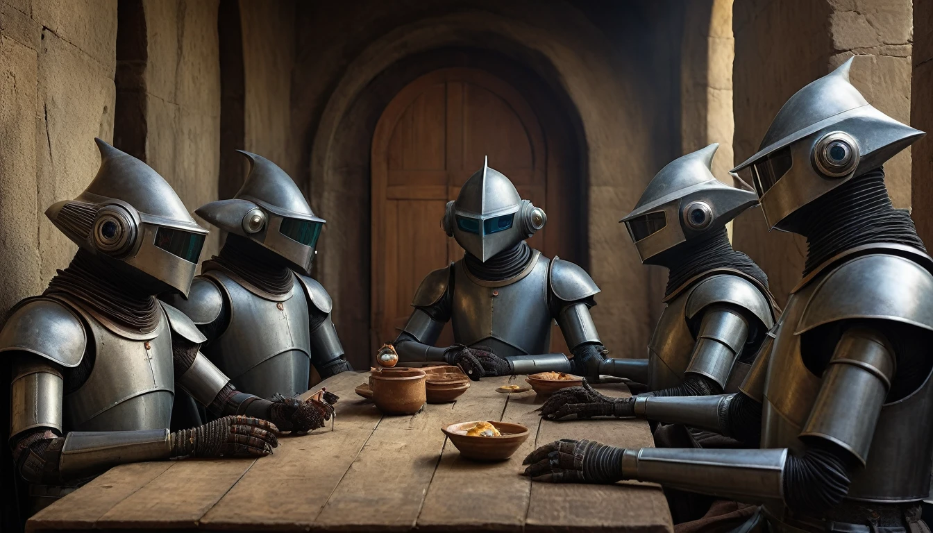 In portrait, characters inspired by the Start Wars universe by Ralph McQuarrie and Anton Semenov, Wayne Barlowe in a Middle Ages setting, as robots, exotic alien beings interacting with people, inspired by Hieronymus Bosch and Shaun Tan. Directed by George Lucas. ((cinematic film)), ultra detailed, intricate, sharp focus, object texture, Studio photo, detalhes intricates, highly detailed, in Real Photo style, hyper-realistic, High dynamic range, rich colors, Realistic textures, 8K uhd , high color depth, Nikon D 850 |, Porta Kodak 400, fujifilm XT |