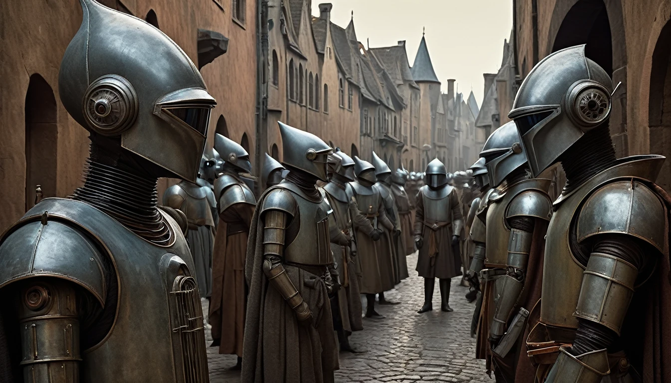 In portrait, characters inspired by the Start Wars universe by Ralph McQuarrie and Anton Semenov, Wayne Barlowe in a Middle Ages setting, as robots, exotic alien beings interacting with people, inspired by Hieronymus Bosch and Shaun Tan. Directed by George Lucas. ((cinematic film)), ultra detailed, intricate, sharp focus, object texture, Studio photo, detalhes intricates, highly detailed, in Real Photo style, hyper-realistic, High dynamic range, rich colors, Realistic textures, 8K uhd , high color depth, Nikon D 850 |, Porta Kodak 400, fujifilm XT |