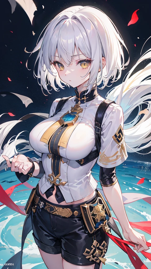 ((solo)), (woman), yellow eyes, silver hair, short-medium hair, straight hair, (sculpted body), medium-big breasts, thick, mature body, (27 year old), a close up of a person over a canyon under the sundown, detailed key anime art, casimir art, masamune shiro, masamune, beautiful woman in demon slayer art, heise jinyao, shadowverse style, (no logos), shorts, white shirt, cool clothes, detailed clothes, eye reflection, depth of field, cinematic lighting, ray tracing, depth of field, cinematic lighting, ray tracing, UHD, high details, best quality, highres, high quality, award winning, super detail, masterpiece, 8k, UHD, high details, best quality, highres, high quality, award winning, super detail, masterpiece, 8