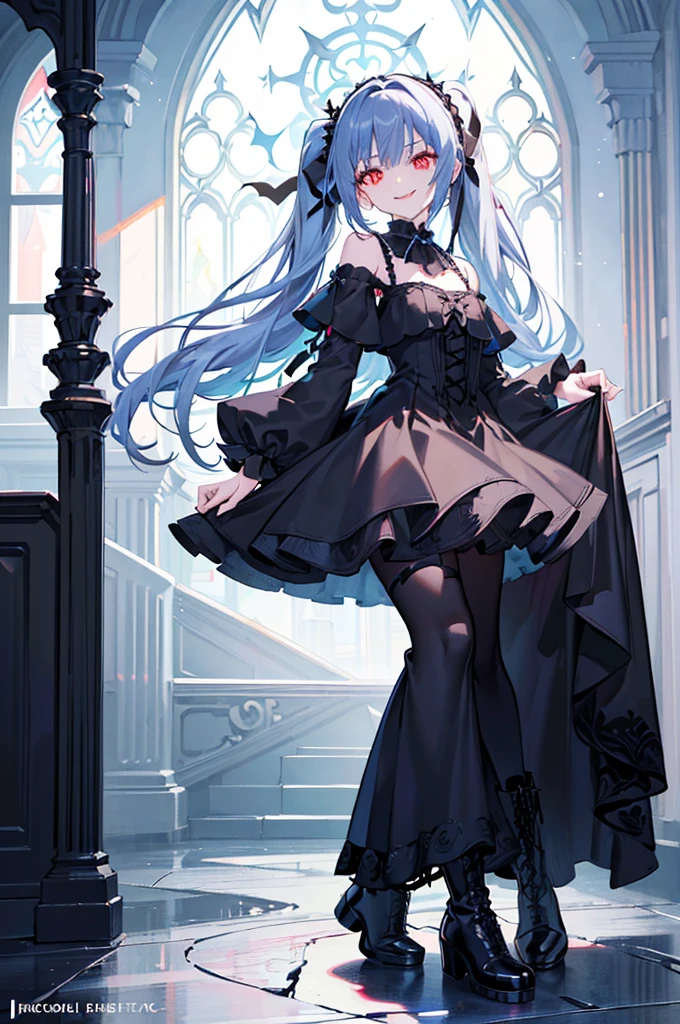 [(church background:1.4)::5],Original,(Illustration:1.1),(Best Quality),(masutepiece:1.1),(the Extremely Detailed CG Unity 8K Wallpapers:1.1), (Colorful:0.9),(mid-shot:0.95),(Full body:1.5),Dynamic Angle,(Solo:1.2), (girl),((Adult)), (Detailed beautiful eyes:1.15), (Beautiful face:1.15), (Glowing red eyes:1.25////),((dark blue long hair)),(Blunt bangs),(low twintails),(+perfect hand+:1.21),(Draw an illustration of a gothic girl),(Religious),(slender),(she has boots on her feet),((Wearing a black dress)),(Furious), Lace Off Shoulder Lolita Fashion,Beautiful slender woman,((Evil smile)),Dark blue short hair,Dark blue short hair,Laugh,evil smile,