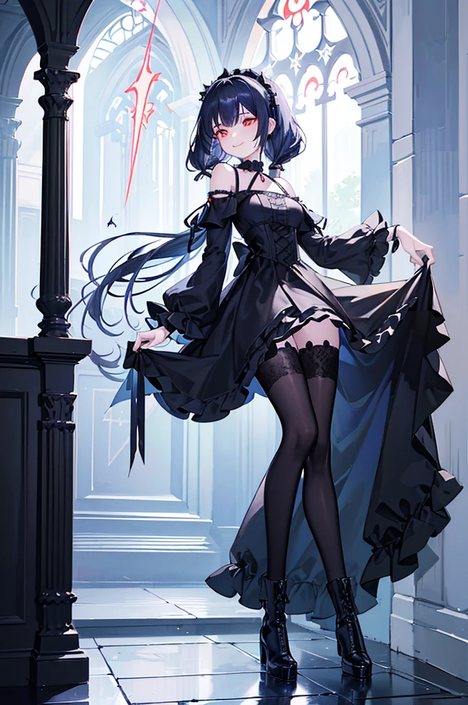 [(church background:1.4)::5],Original,(Illustration:1.1),(Best Quality),(masutepiece:1.1),(the Extremely Detailed CG Unity 8K Wallpapers:1.1), (Colorful:0.9),(mid-shot:0.95),(Full body:1.5),Dynamic Angle,(Solo:1.2), (girl),(()), (Detailed beautiful eyes:1.15), (Beautiful face:1.15), (Glowing red eyes:1.25////),((dark blue long hair)),(Blunt bangs),(low twintails),(+perfect hand+:1.21),(Draw an illustration of a gothic girl),(Religious),(slender),(she has boots on her feet),((Wearing a black dress)),(Furious), Lace Off Shoulder Lolitshion,Beautiful slender woman,((Evil smile)),Dark blue short hair,Dark blue short hair,Laugh,evil smile,