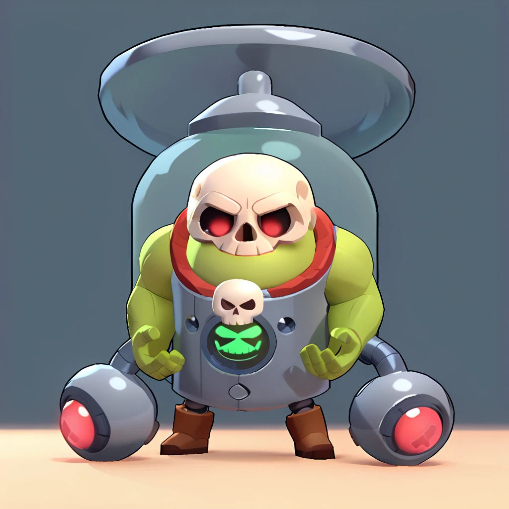 full body view of robot mixed with transparent incubator, living skull in incubator, human skull, incubator having muscular green arms, colossal, brawl, brawl stars