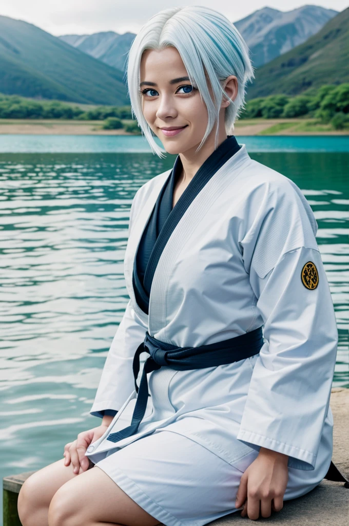 Chica in Jujutsu kaisen uniforms, with white hair and blue eyes sitting next to a lake smiling