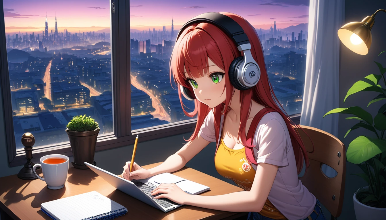 Kizi, 20 year, short, slightly red hair, greeneyes, estilo rebelde, Wearing Headphones, writing in notebook on your study table, next to a large window, with a view of the illuminated city `the night. in the bedroom, lighting from a table lamp, with 2 books, an open laptop and a cup of tea. In the corner a kitten