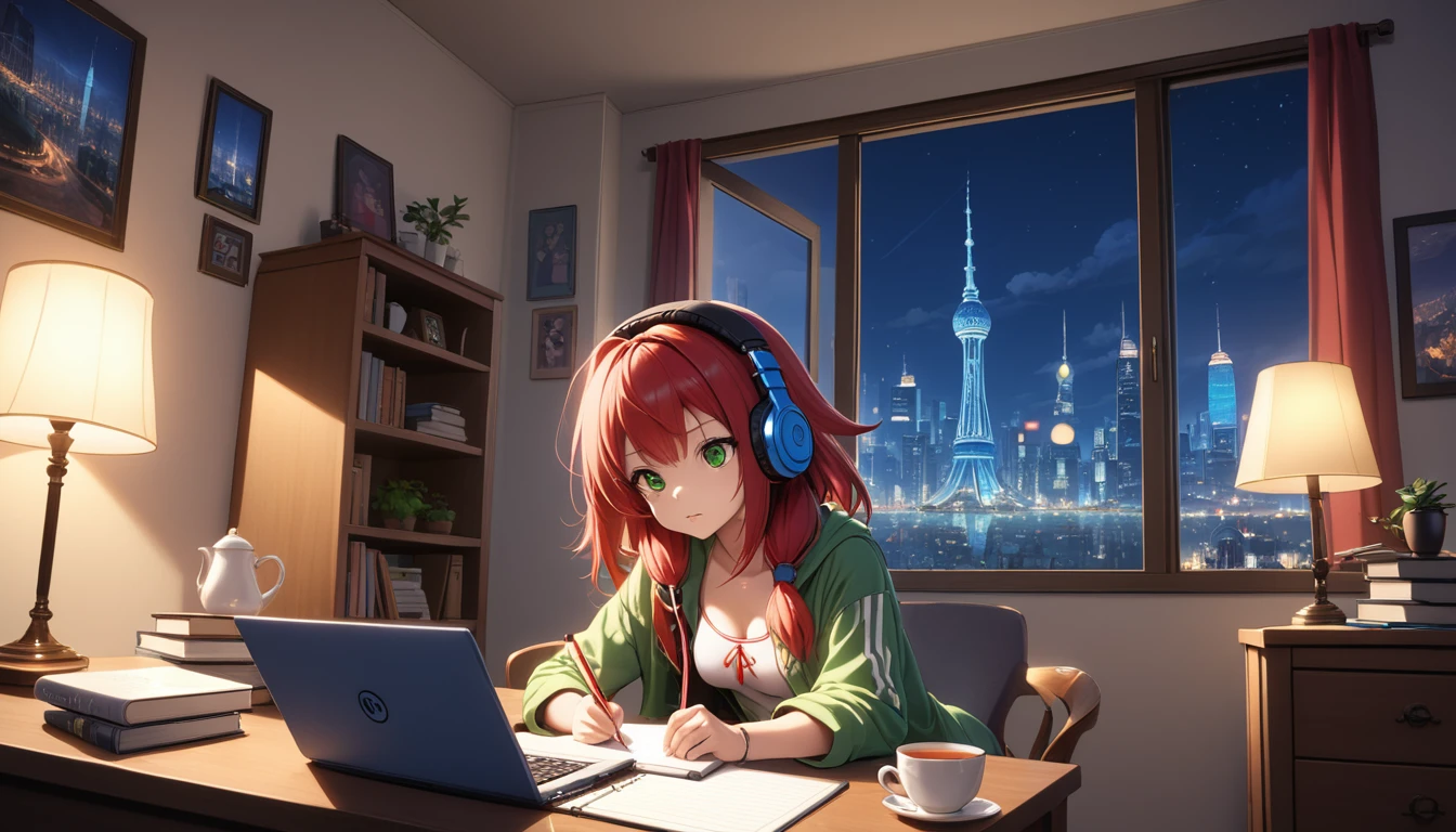 Kizi, 20 year, short, slightly red hair, greeneyes, estilo rebelde, Wearing Headphones, writing in notebook on your study table, next to a large window, with a view of the illuminated city `the night. in the bedroom, lighting from a table lamp, with 2 books, an open laptop and a cup of tea. In the corner a kitten