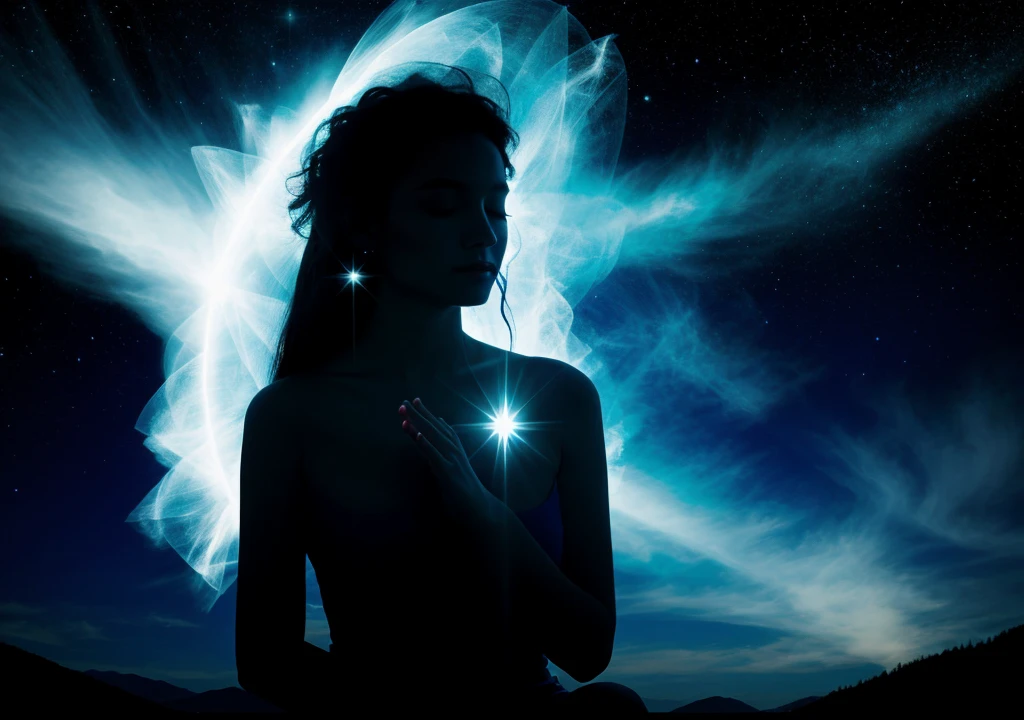 luminous silhouette meditating opening the third eye in blue ethereal space