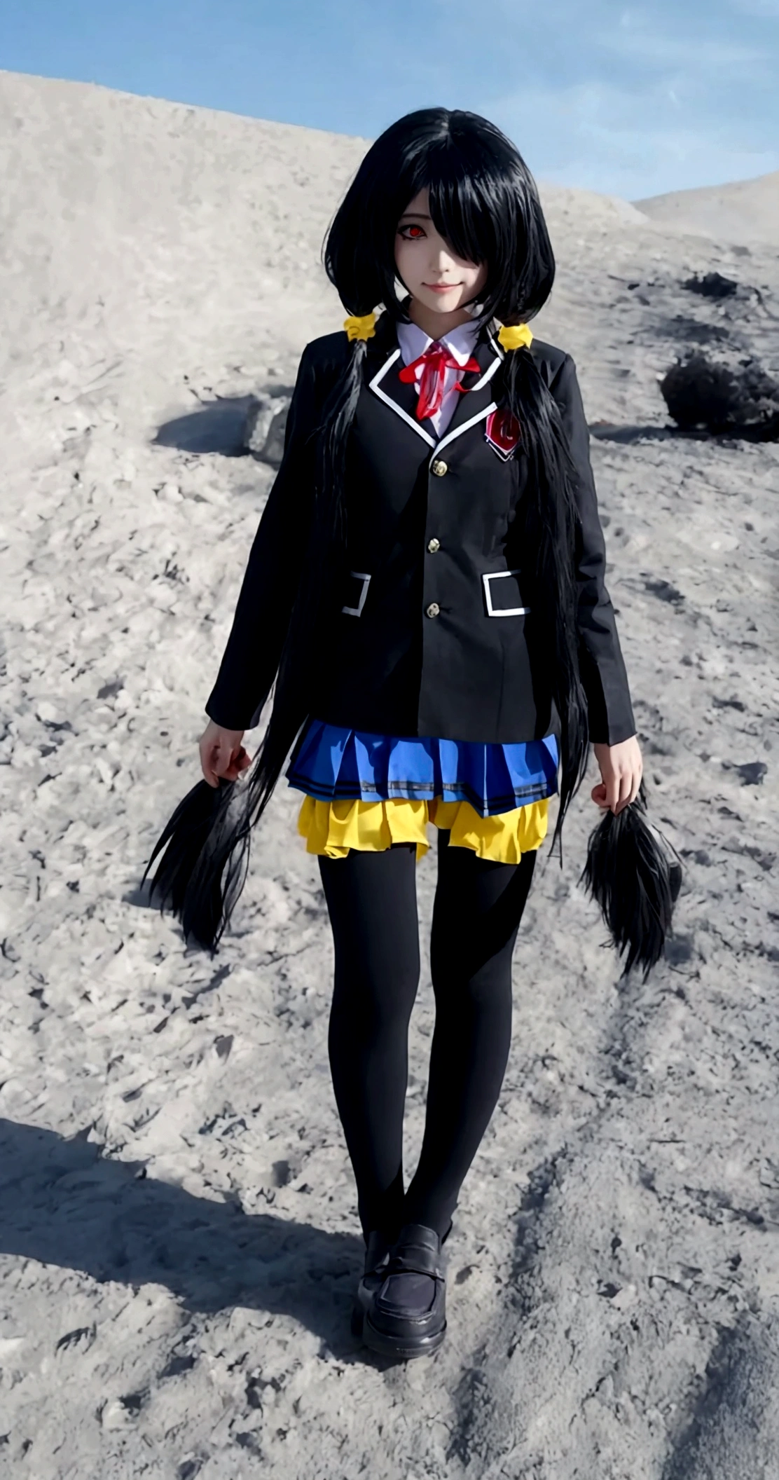 ultra-detailed,highly detailed,best quality,masterpiece,illustration,realistic, photo,photorealistic,
1girl, tokisaki kurumi,cosplay,hair over one eye, (right red eye, left yellow eye), looking at viewer, happy girl,low twintails,
, hotpants, hair rings, loafers,
Outdoors, walking, beach