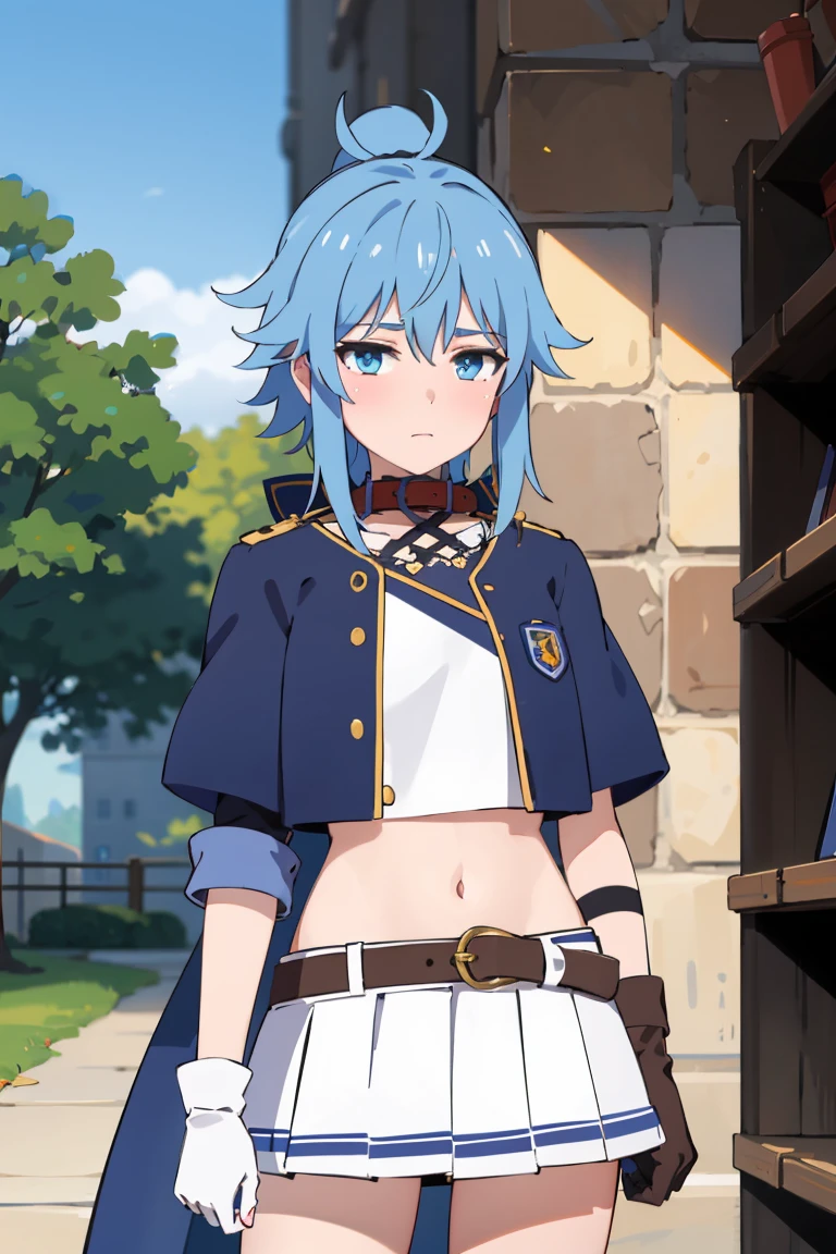 best quality, (masterpiece:1.2), detailed, middle Ages, about=Rayford, 1 girl, alone, cute face, short hair long hair, blue hair, ponytail, blue eyes, red belt, side lock, ahog, Uniforms, sling, blue shawl, White shirt, blue collar, collar, mini skirt, white skirt, navel, Gloves, Permanently installed, looking at the audience, outdoor, castle