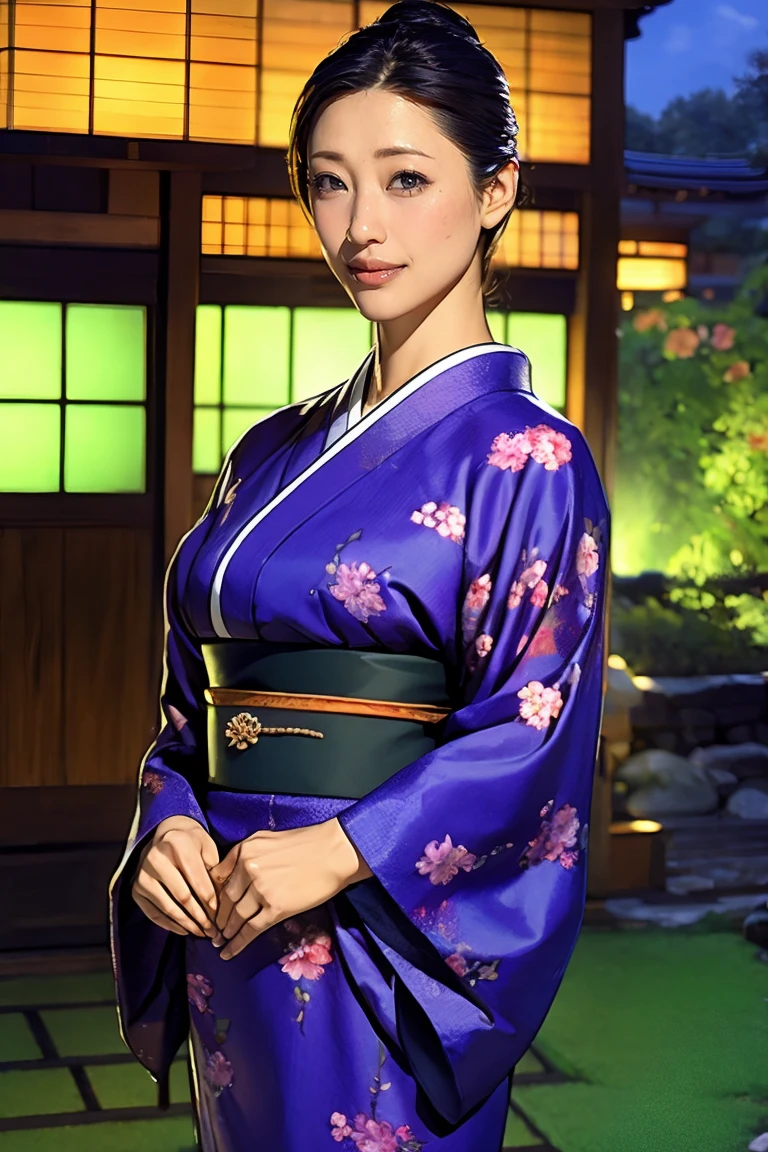 (Highest quality、Tabletop、Best image quality、Award-winning works)、 The proprietress of a beautiful inn、(Elegant floral kimono:1.3)、Perfect female portrait photography、Glowing Skin、Standing Elegantly、(An elegant inn:1.1)、(Beautiful Japanese garden blurred in the background:1.3)、(Background of a Japanese inn with a garden:1.2)、(The most romantic and moody:1.1)、(Tyndall effect:1.2)、Great cinema lighting、Glowing Skin、smile、(Large Breasts:1.1)、(Voluptuous body:1.1)、Accentuate your body lines、Upper body photo、Chignon、smile、standing elegantly、Elegant standing posture