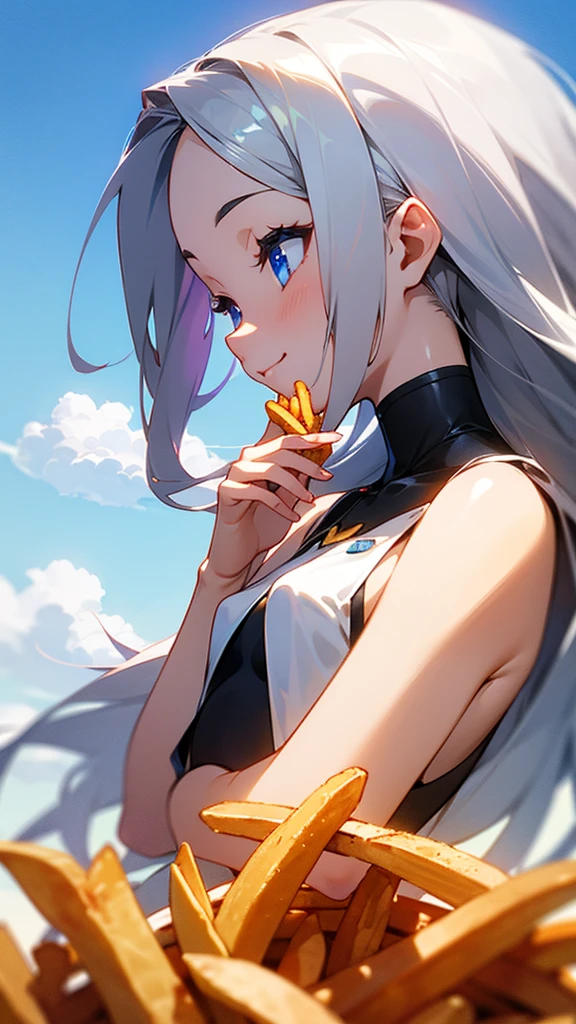 1 Girl、anime painting、Upper body close-up、profile、Natural Proportions、thin、Small breasts、smile、White skin、(long silver hair)、Beautiful blue eyes、Eating French Fries、blue sky、cloud、Background blur、Written boundary depth