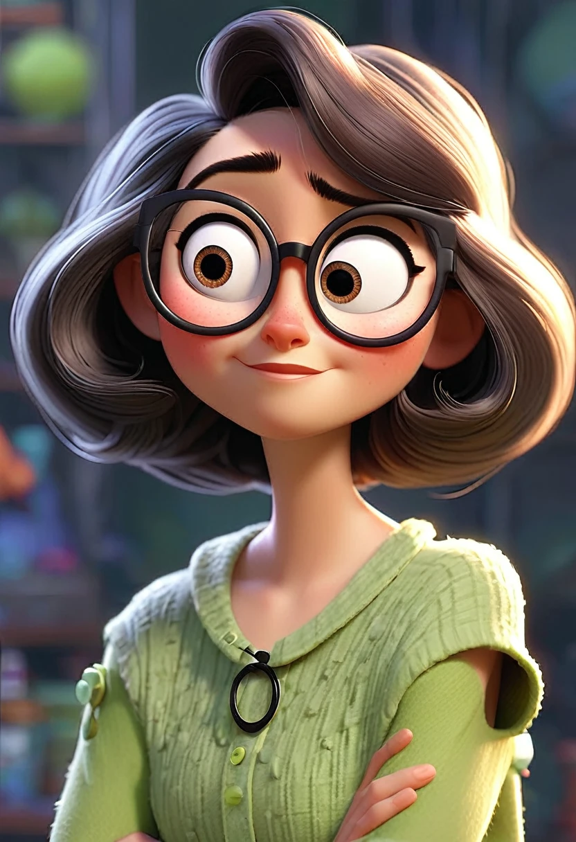 Short woman with shoulder-length hair and a mixture of gray, round but thin face, black round glasses for medium face, chin a little out in pixar