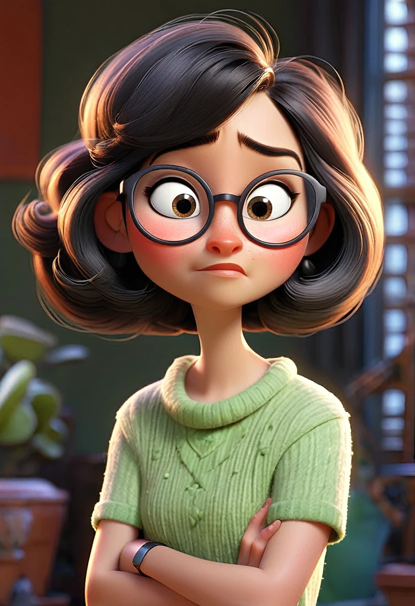 Short woman with shoulder-length hair and a mixture of gray, round but thin face, black round glasses for medium face, chin a little out in pixar 
