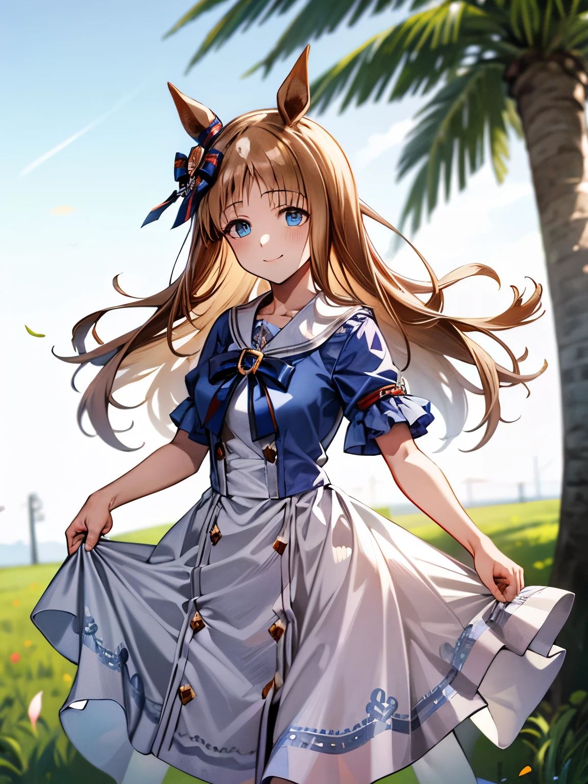 grass wonder \(Umamusume\), 1 girl, Solo, Best Quality, masutepiece, 8K, High resolution, Ultra-detailed, light smile, (((summer dress))), sandals,