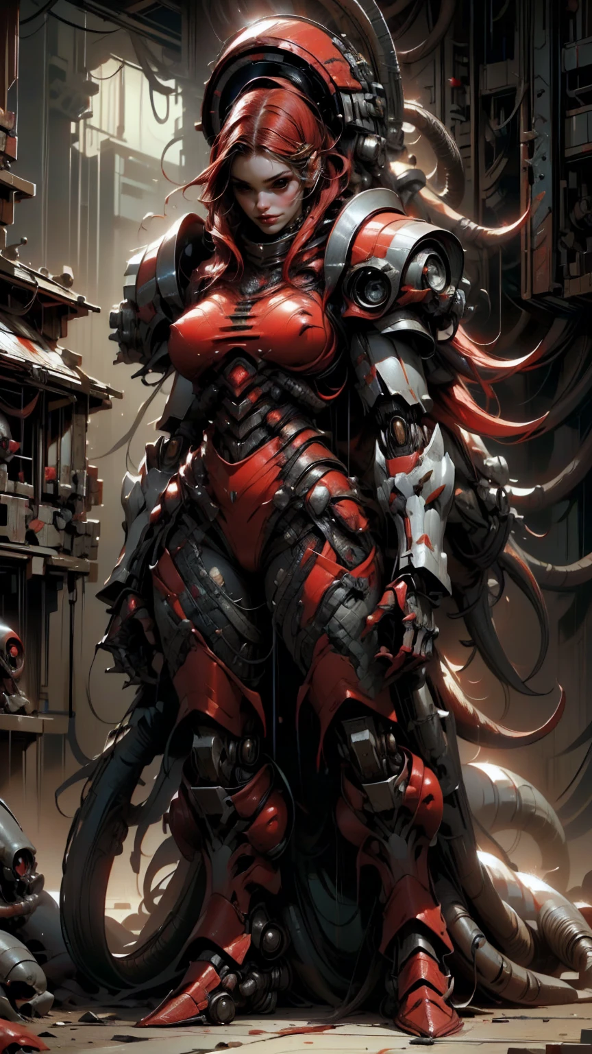 Megan fox as armored carnage, (red carnage muscular bio-mecha armor:1.25), (mouth wide open carnage style:1.25), (full body view:1.25), Realistic, Very detailed face and eyes, (masterpiece:1.1), (beautiful girl face:1.45)