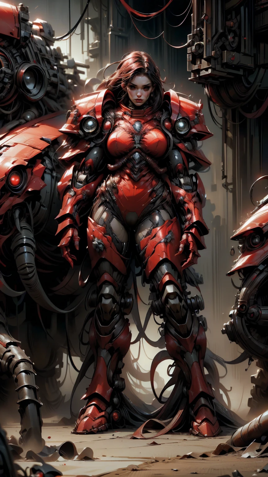 Megan fox as armored carnage, (red carnage muscular bio-mecha armor:1.25), (mouth wide open carnage style:1.25), (full body view:1.25), Realistic, Very detailed face and eyes, (masterpiece:1.1), (beautiful girl face:1.45)