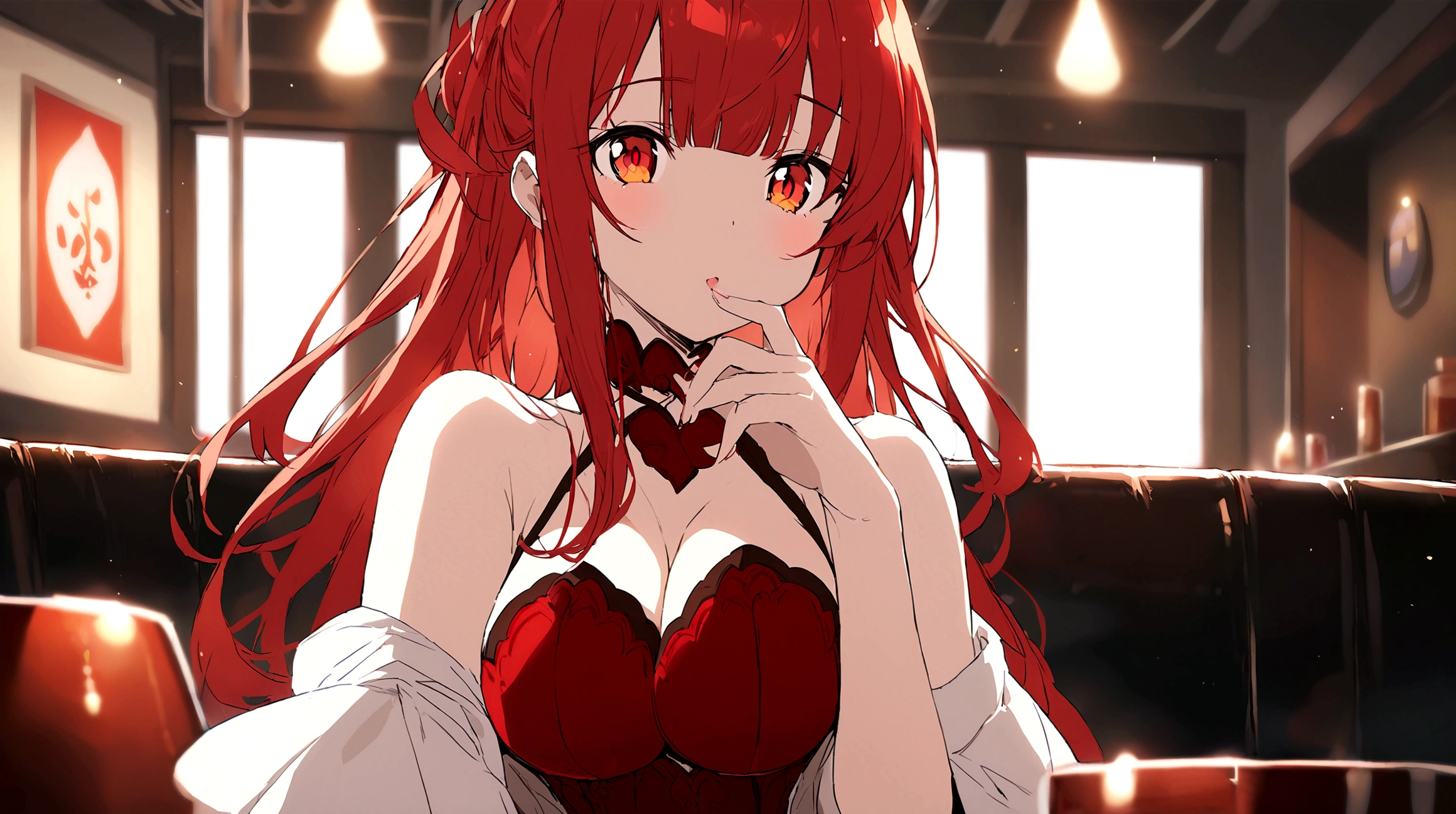 character with big breasts. long red hair with bangs. RED AND GOLD eyes. Full-body image.