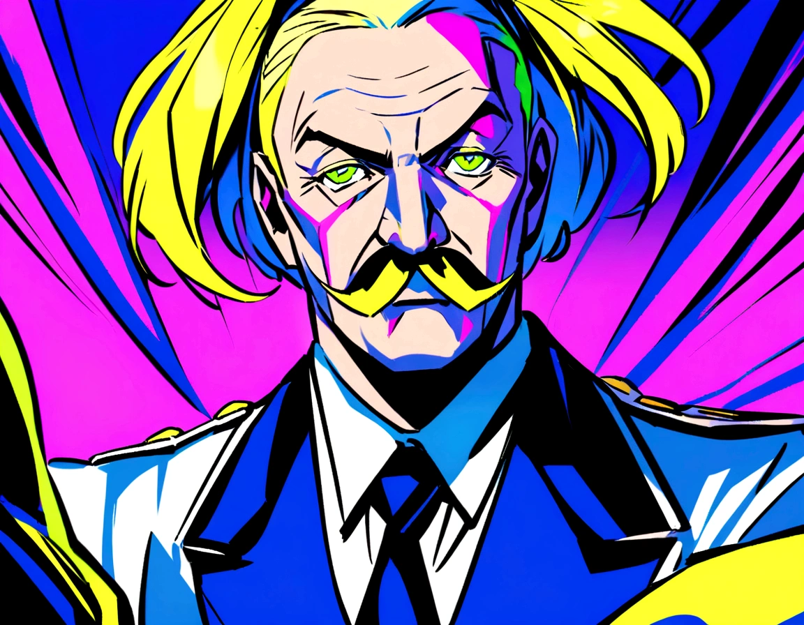 Adolf Hitler not Akira Toryama style. Image of just your face in electric blue colors, Green Lemon, lemon yellow and neon purple. Akira Toryama style