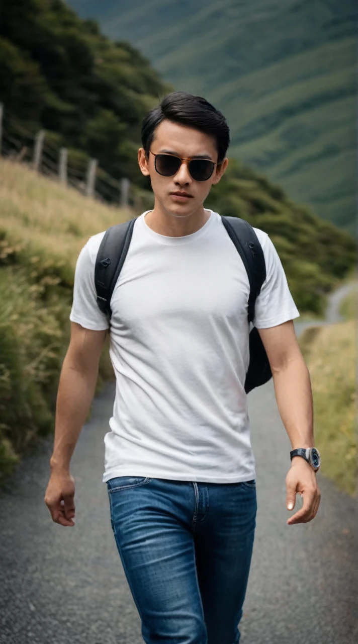 A man wearing white tshirt and blue jeans, wearing sunglasses and bag, wearing smartwatch in the left hand, greenland background, 4D realistic