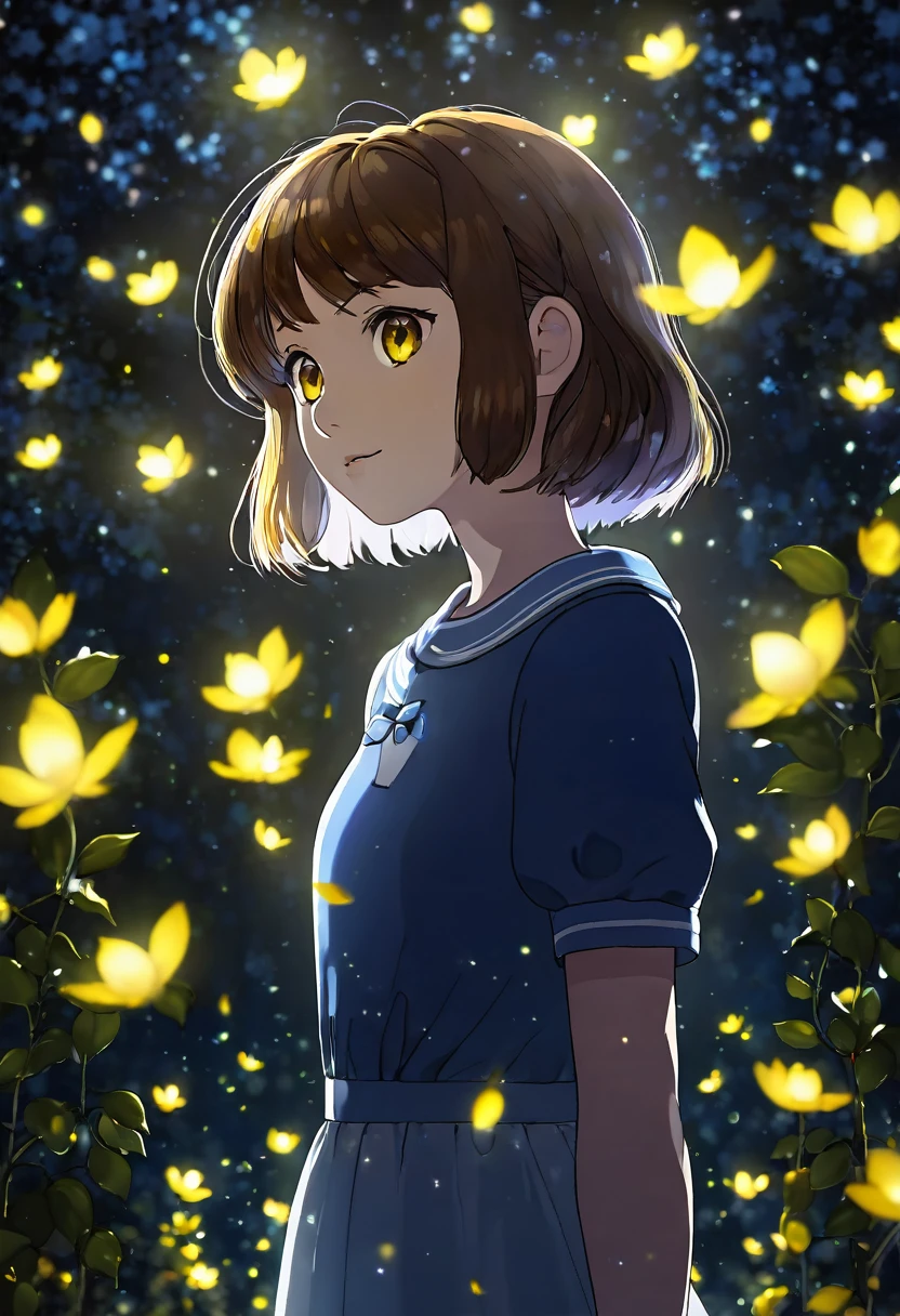 face focus, masterpiece, best quality, 1girl, Frisk, white roses, petals, night background, fireflies, light particle, solo, Brown hairs, yellow eyes, standing, pixiv, depth of field, cinematic composition, best lighting, looking up