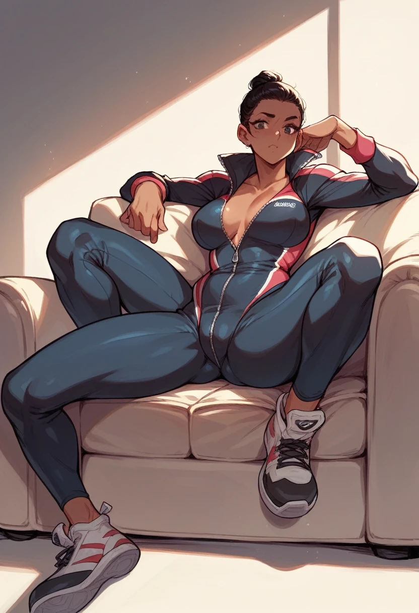 a pretty firm fit hearty healthy toned Russian women wearing total blacked full zipped velour sport jump suit as a second skin sitting on armchair, 16K