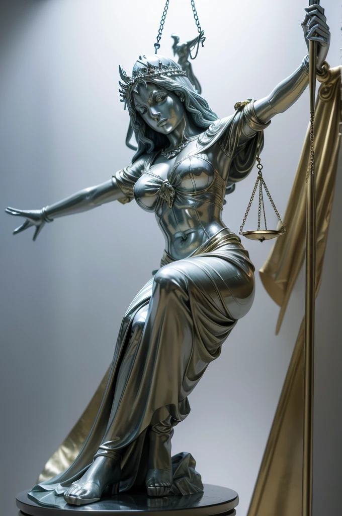 Front view of Lady Justice holding scales in one hand and making a stop gesture with the other hand, isolated on a transparent background, no background. The statue should appear regal and authoritative, symbolizing justice and the enforcement of law. Emphasize a detailed and high-quality depiction of Lady Justice, with the scales clearly visible and her stop gesture prominent and assertive.