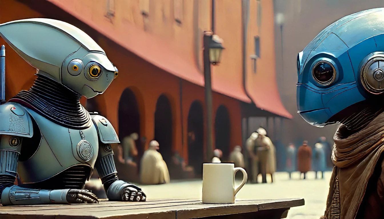 In portrait, characters inspired by the Start Wars universe by Ralph McQuarrie and Dan McPharlin, Wayne Barlowe in a Middle Ages setting, as robots, exotic alien beings interacting with people, inspired by Hieronymus Bosch and Shaun Tan. Directed by George Lucas. ((cinematic film)), ultra detailed, intricate, sharp focus, object texture, Studio photo, detalhes intricates, highly detailed, in Real Photo style, hyper-realistic, High dynamic range, rich colors, Realistic textures, 8K uhd , high color depth, Nikon D 850 |, Porta Kodak 400, fujifilm XT |