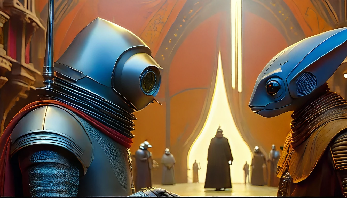 In portrait, characters inspired by the Start Wars universe by Ralph McQuarrie and Dan McPharlin, Wayne Barlowe in a Middle Ages setting, as robots, exotic alien beings interacting with people, inspired by Hieronymus Bosch and Shaun Tan. Directed by George Lucas. ((cinematic film)), ultra detailed, intricate, sharp focus, object texture, Studio photo, detalhes intricates, highly detailed, in Real Photo style, hyper-realistic, High dynamic range, rich colors, Realistic textures, 8K uhd , high color depth, Nikon D 850 |, Porta Kodak 400, fujifilm XT |