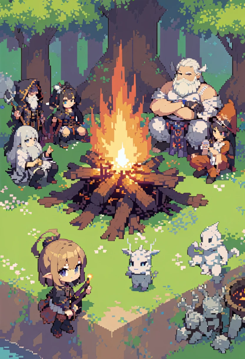 pixel art, generate an image with the name andara games with a character with a sparse beard in an elden ring style cartoon sitting next to a bonfire